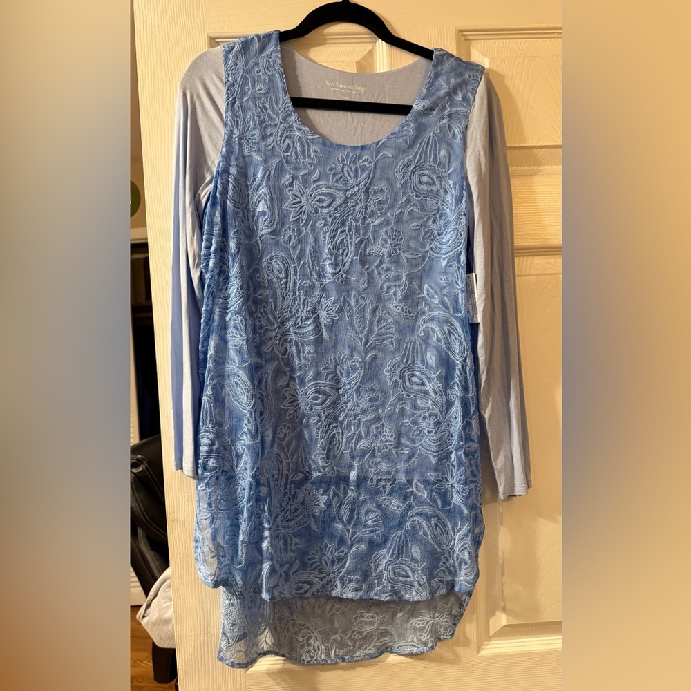 Soft Surroundings Xs silk Light Blue high low long sleeve tunic nwt